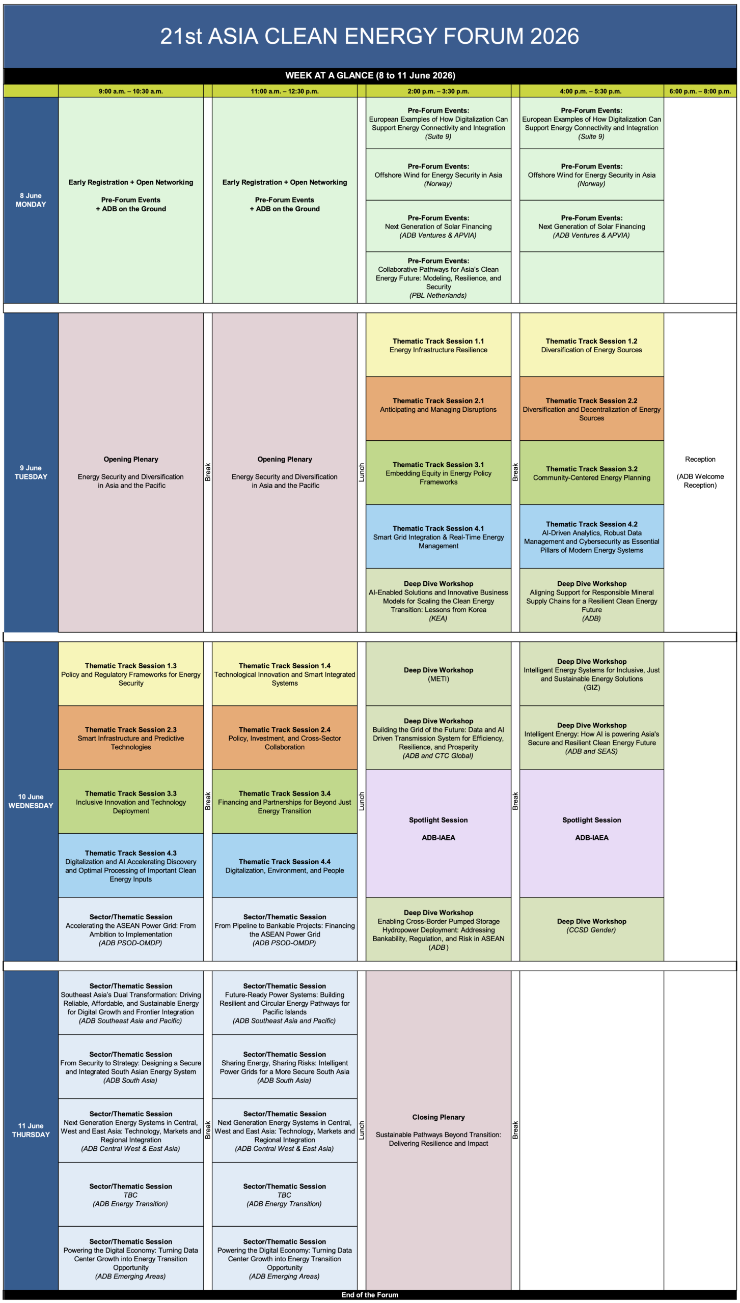 21st Asia Clean Energy Forum 2026 – Week at a Glance schedule grid showing all sessions from 8 to 11 June