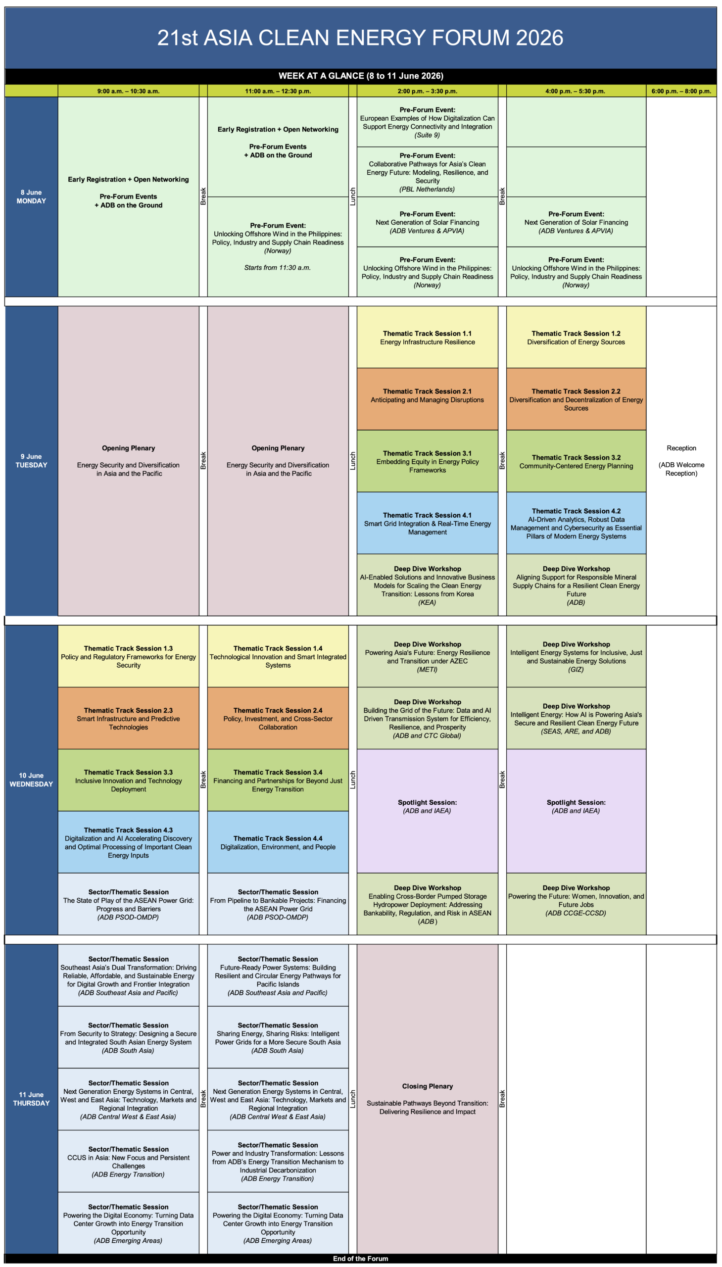 21st Asia Clean Energy Forum 2026 – Week at a Glance schedule grid showing all sessions from 8 to 11 June